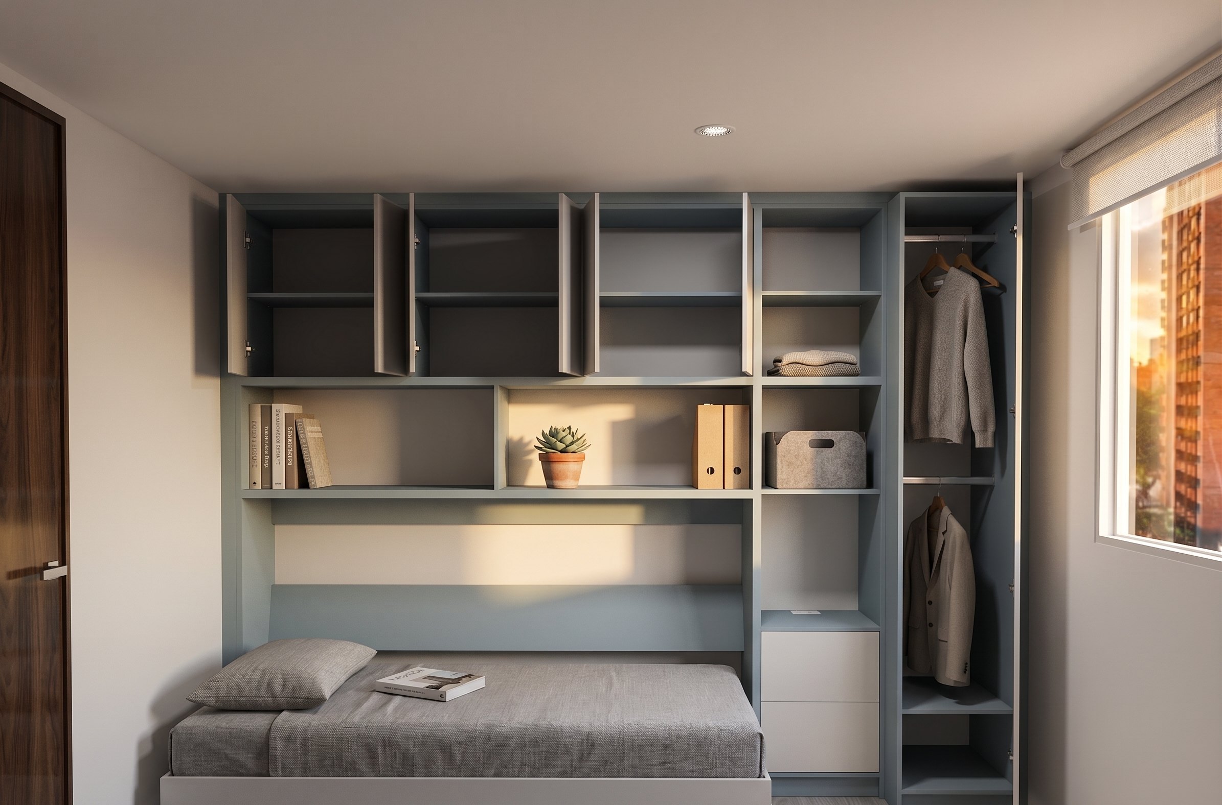 Cama abatible para apartaestudio con closet y almacenamiento integrado