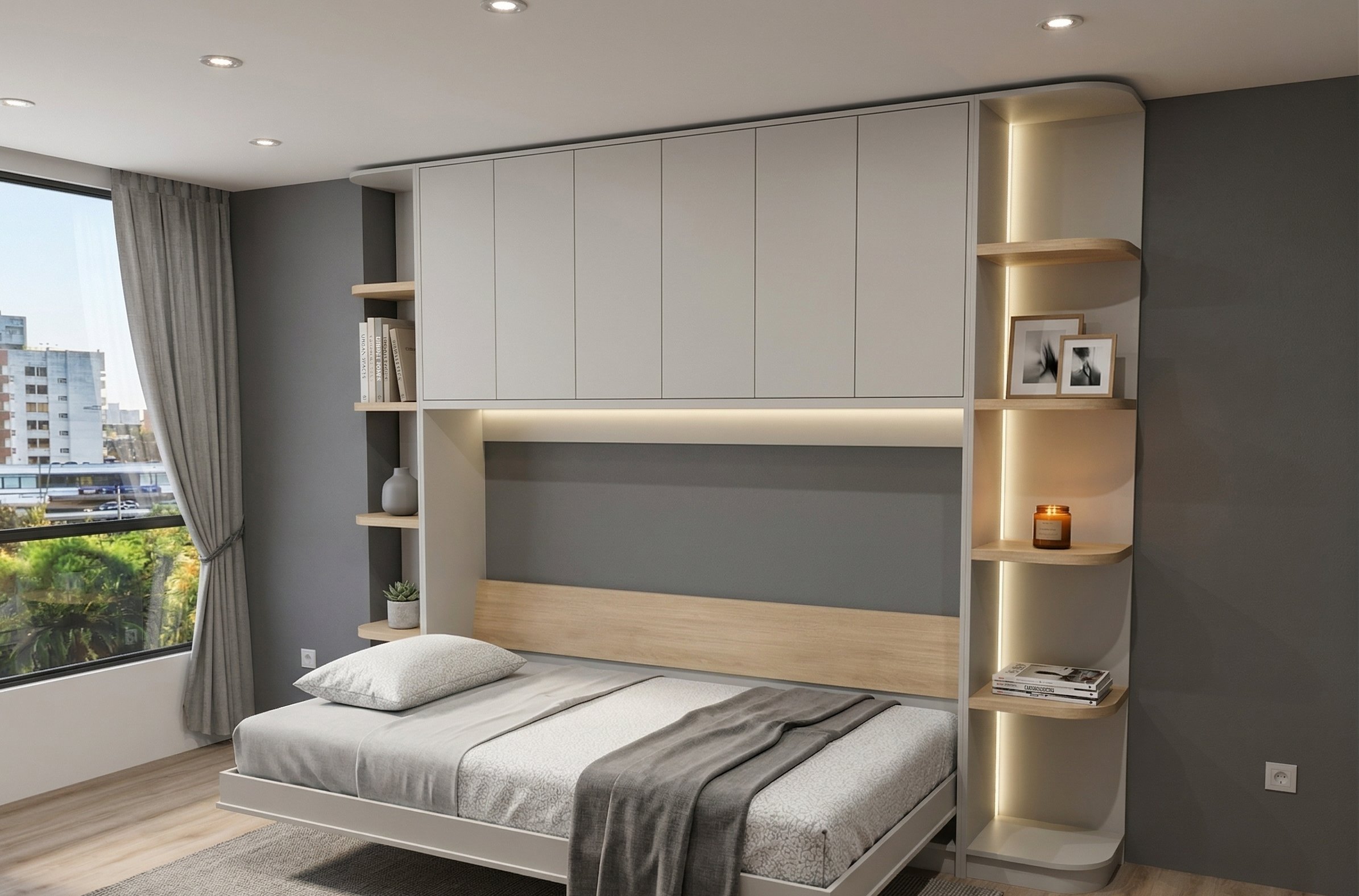 Cama abatible doble abierta con muebles a la medida en un apartamento en Bogota