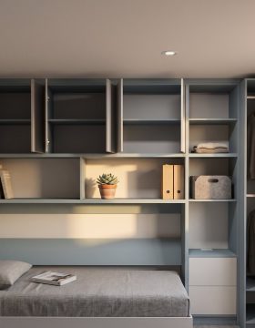 Cama abatible para apartaestudio con closet y almacenamiento integrado